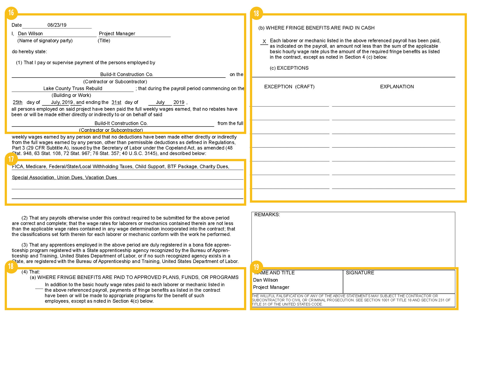 Sample WH-357 Certified Payroll Report (Page 2)